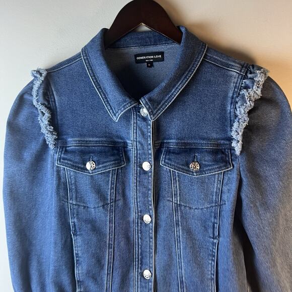 Generation Love Denim Jacket M Puff Sleeve Raw Hem - Picture 3 of 11